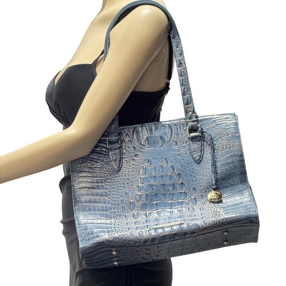 Brahmin Embossed Crocodile Blue Leather Women's Shoulder Bag With Gold Accents - Picture 1 of 12